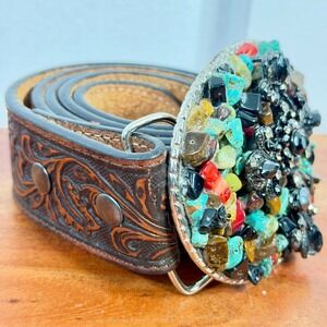 Ariat Tooled Brown Leather Belt Multi Color Stone Fleur De Lis Buckle Womens